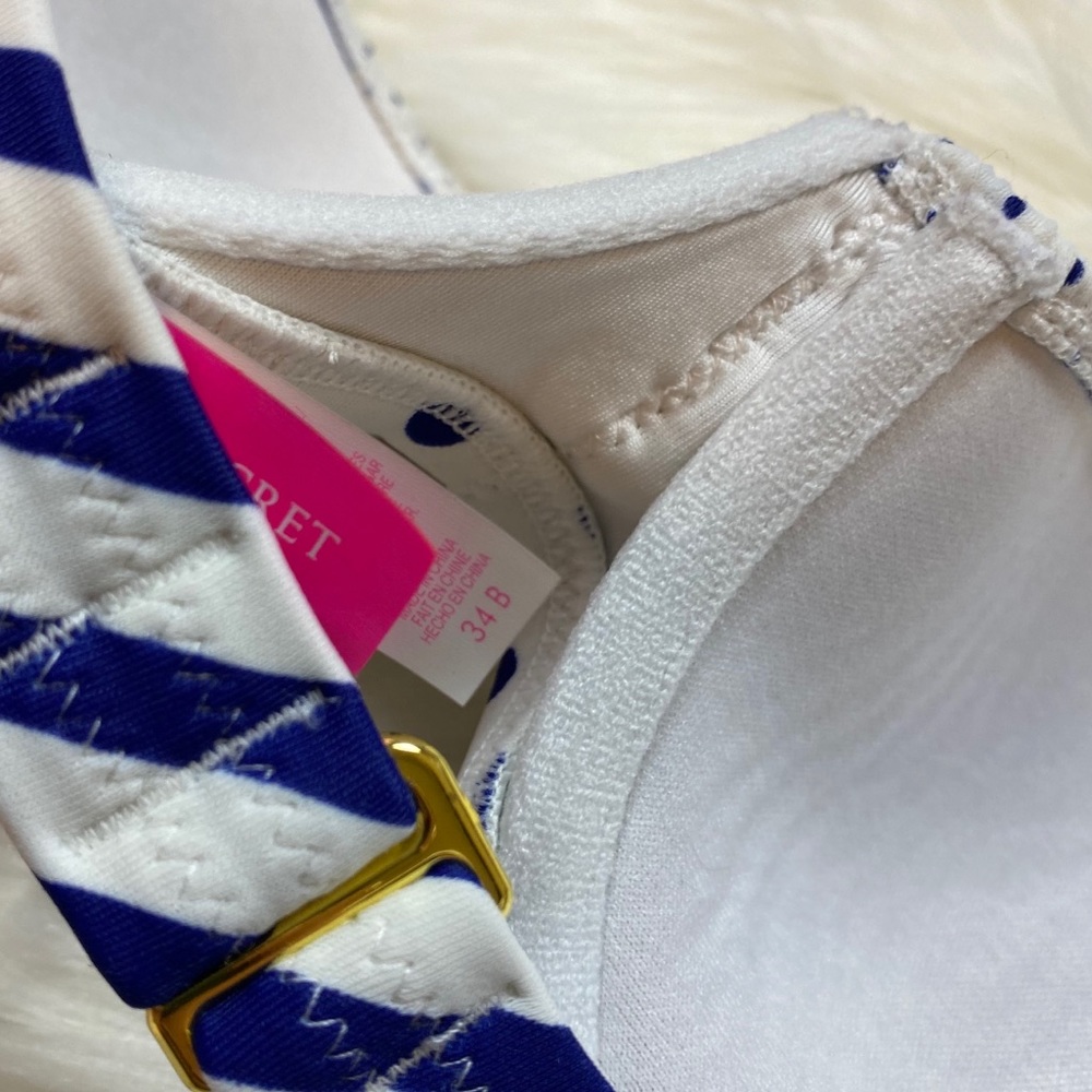 Victoria’s Secret Flounce White& Blue Dot Stripe Bandeau Swim Bikini Top - Picture 6 of 8